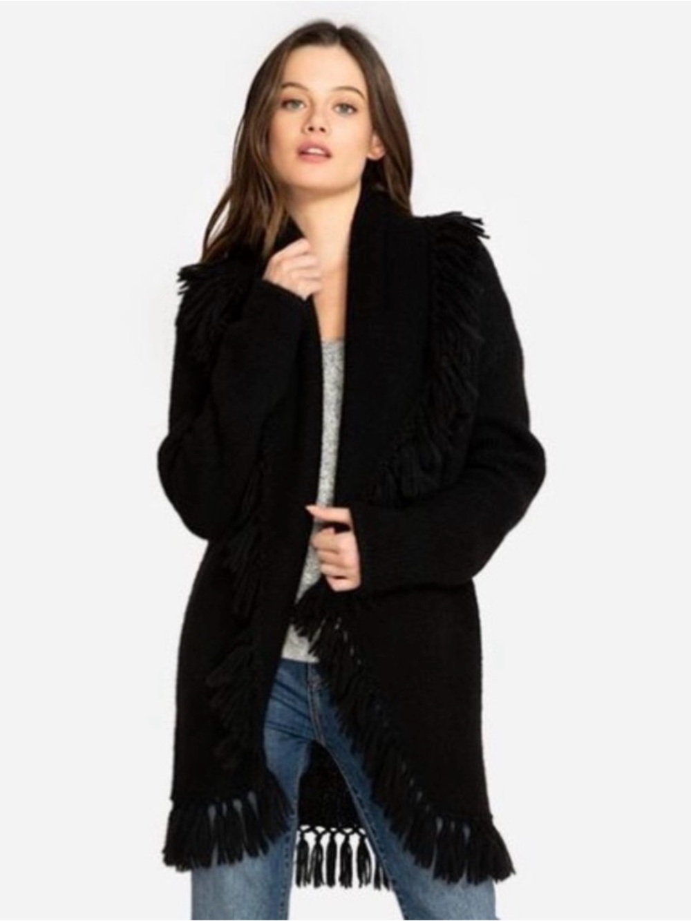 Johnny Was Alpaca Wool blend Black Fringe Open-Front Poncho Cardigan size L